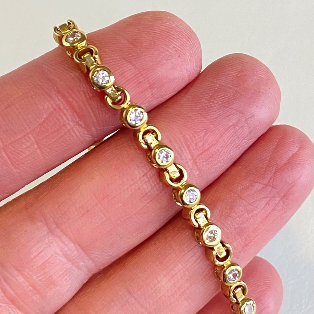 Gold Vermeil Tennis Bracelet 925 Sterling Silver Glass Crystal Articulated